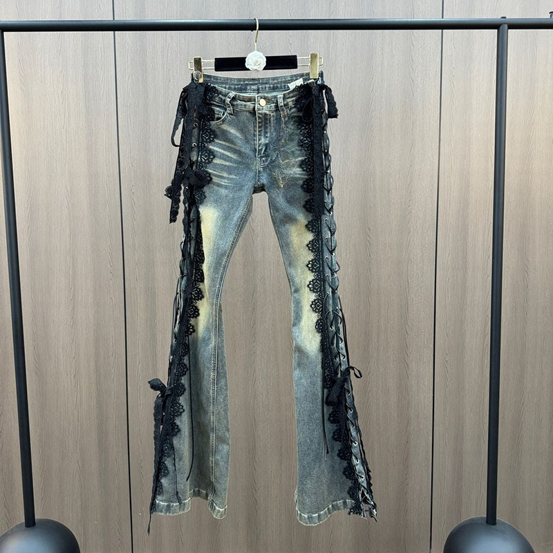 Women Shoes Jeans - 레이스 업 플레어 청바지 레트로 스티치