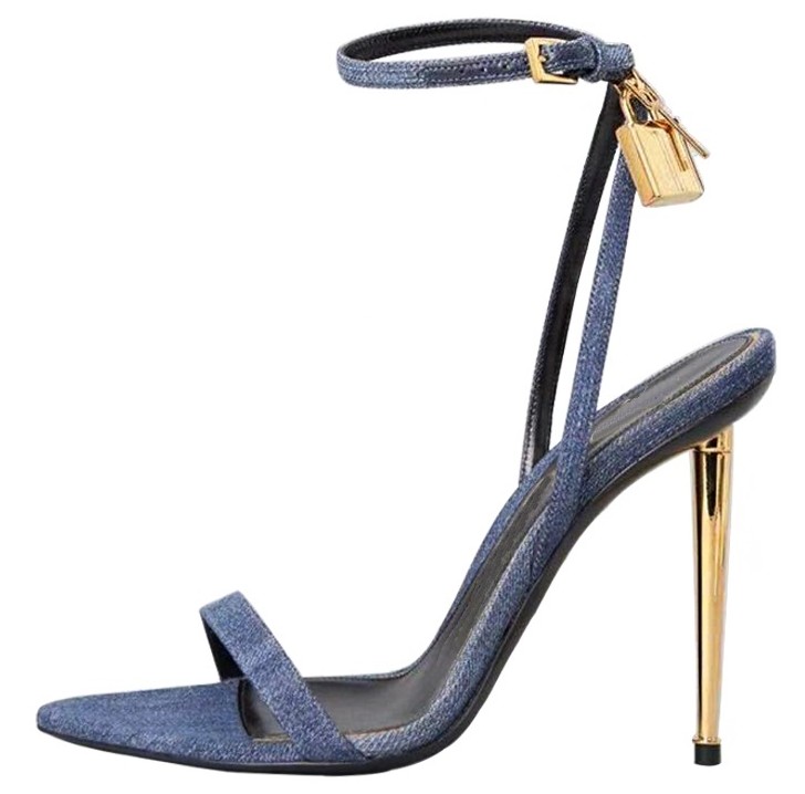 Women Shoes Jeans - 여성용 뾰족한 골드 잠금 스트랩 하이힐