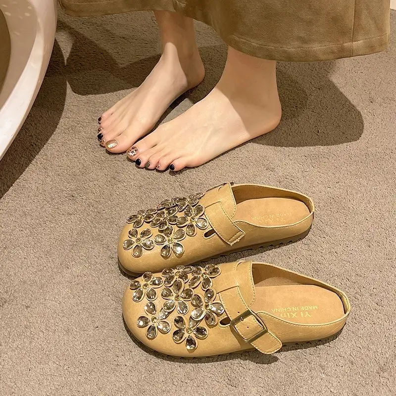 Women Shoes Mules - 여성용 플로럴 라인스톤 버클 스트랩 클로즈드