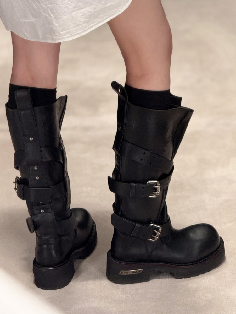 Women'S Shoes Paris - 벨트 버클 블랙 가죽 오토바이 부츠