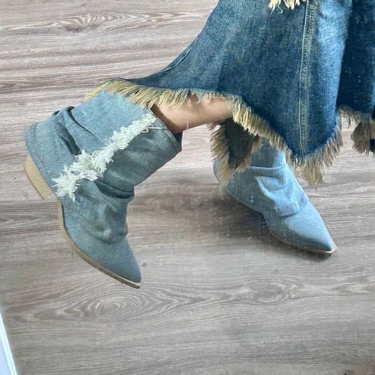 여성용 플리츠 데님 앵클 부츠, 포인티드 토, 두꺼운  - Women Shoes Jeans 리뷰 및 가격