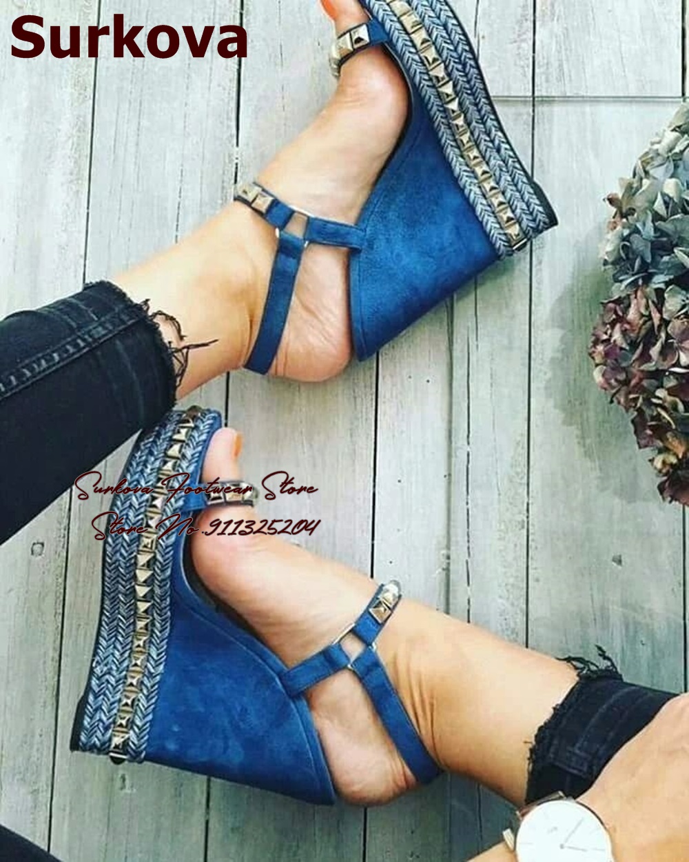 Surkova 블루 데님 웨지 힐, 골드 메탈릭 스터드 - Women Shoes Jeans 리뷰 및 가격