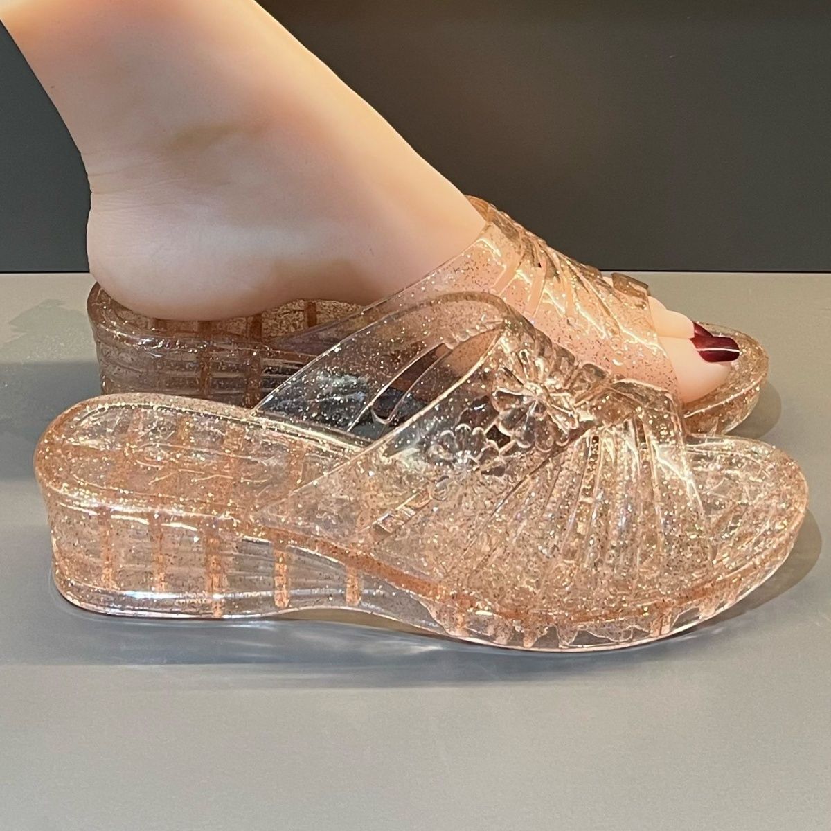 WFashion 퍼플 글리터 젤리 웨지 샌들 여성 여름 - Women Shoes Mules 리뷰 및 가격