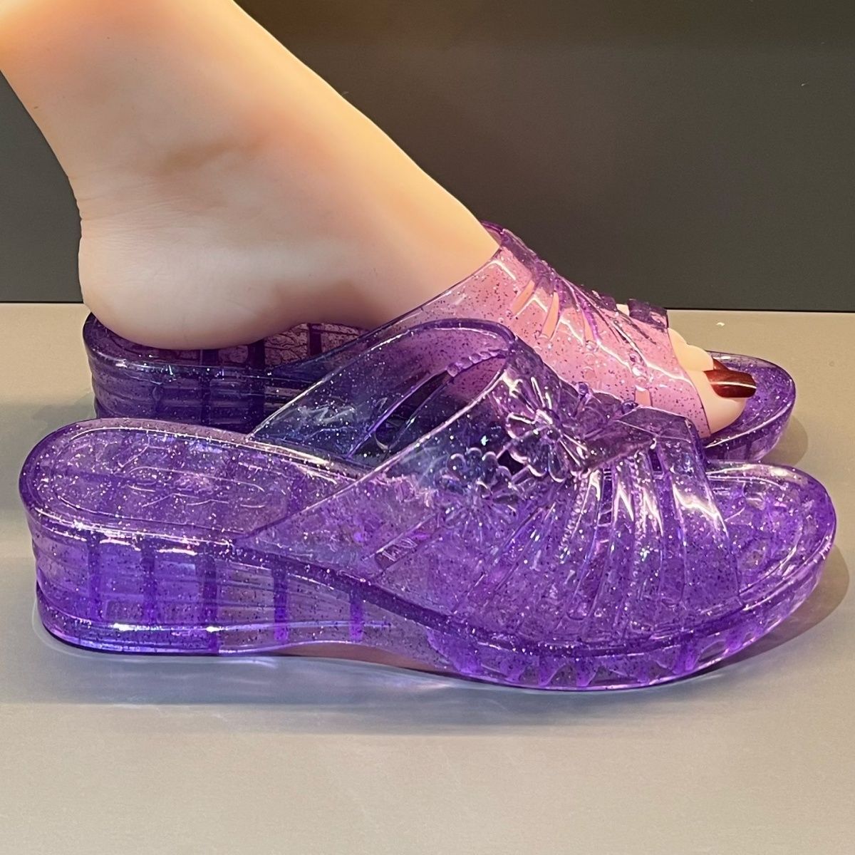 WFashion 퍼플 글리터 젤리 웨지 샌들 여성 여름 - Women Shoes Mules 리뷰 및 가격
