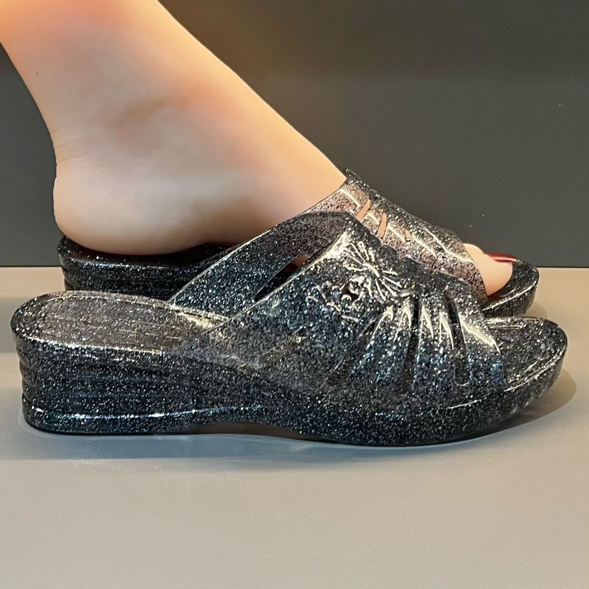 WFashion 퍼플 글리터 젤리 웨지 샌들 여성 여름 - Women Shoes Mules 리뷰 및 가격