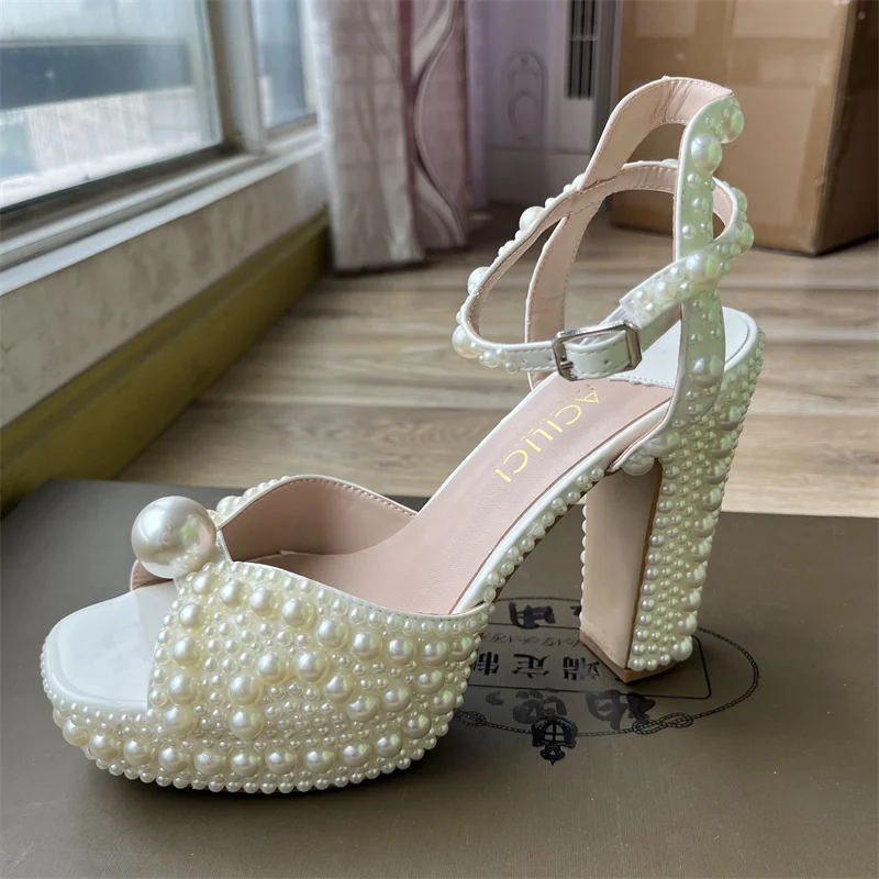 럭셔리 브랜드 여성 신발 완전 수제 진주 두꺼운 굽 샌 - Women Shoes Luxury Brand 리뷰 및 가격