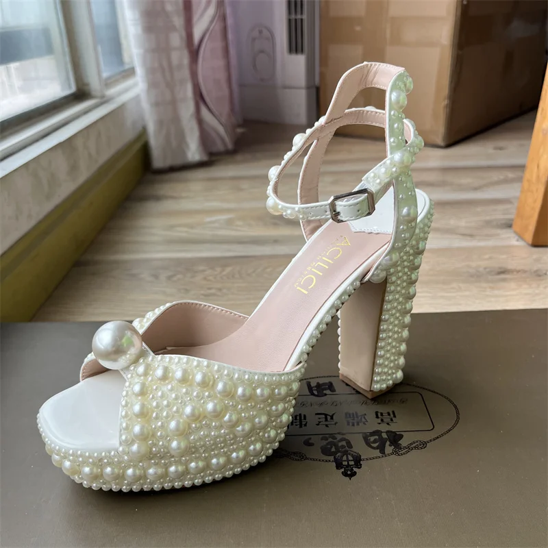 럭셔리 브랜드 여성 신발 완전 수제 진주 두꺼운 굽 샌 - Women Shoes Luxury Brand 리뷰 및 가격