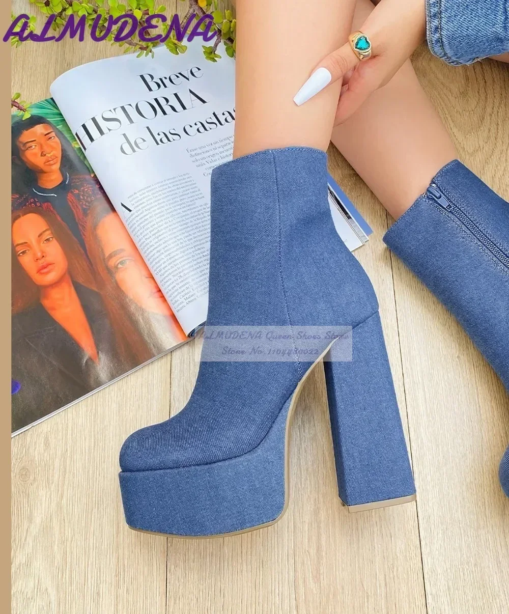 ALMUDENA 블루 데님 블록 힐 발목 부츠 하이 플 - Women Shoes Jeans 리뷰 및 가격