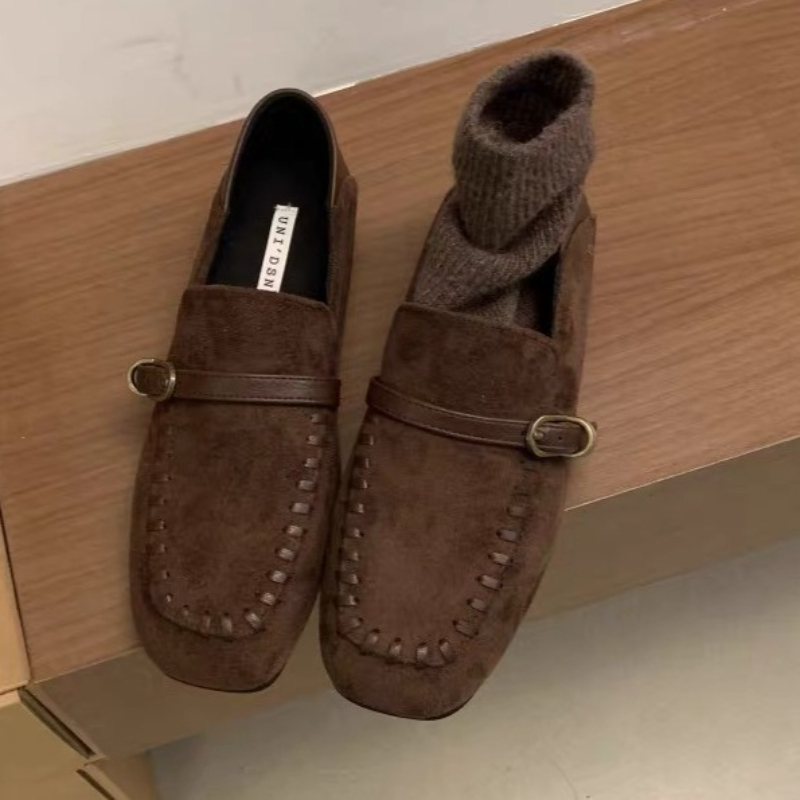 우아한 스웨이드 스퀘어 토 플랫 슈즈 여성 벨트 버클  - Loafer Flat Women 리뷰 및 가격