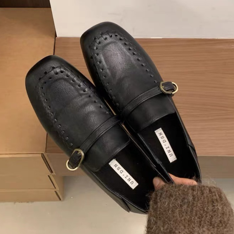 우아한 스웨이드 스퀘어 토 플랫 슈즈 여성 벨트 버클  - Loafer Flat Women 리뷰 및 가격